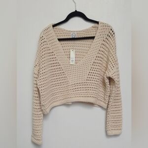 Blue Rain Sz S Boho Oversized Boxy Coastal Crochet Neutral Cropped Knit Sweater